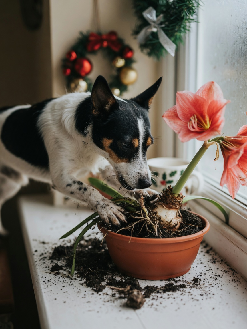 Small dog digging in amaryllis potted plant with exposed bulb on a windowsill