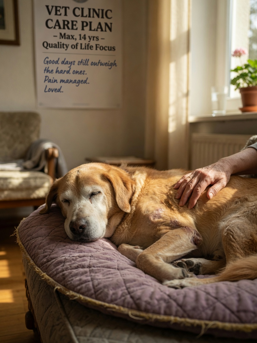Senior dog resting peacefully at home with owner's comforting hand