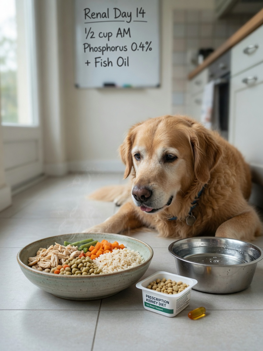 Prescription renal diet meal with water bowl and fish oil supplement for chronic kidney disease management