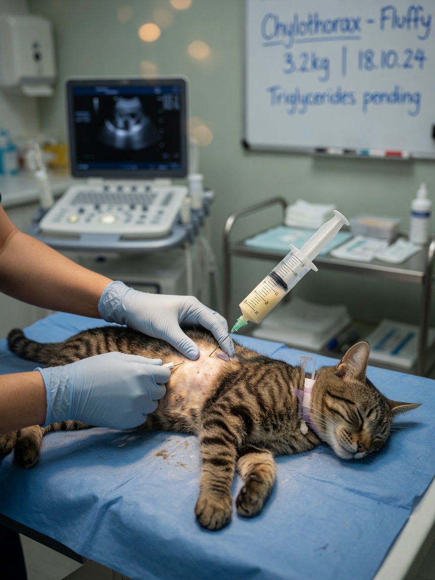 Veterinarian performing thoracocentesis on a cat to collect milky chyle fluid for diagnosis