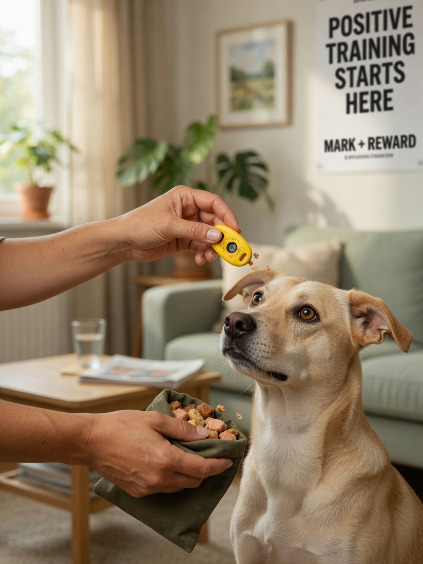 Trainer's hands holding a clicker and treat pouch during clicker charging with a focused dog