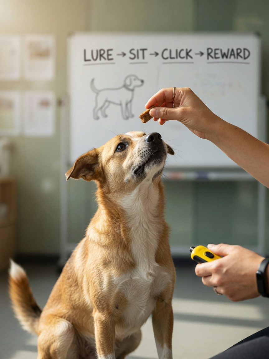 Dog trainer luring a dog into a sitting position with a treat held above its nose