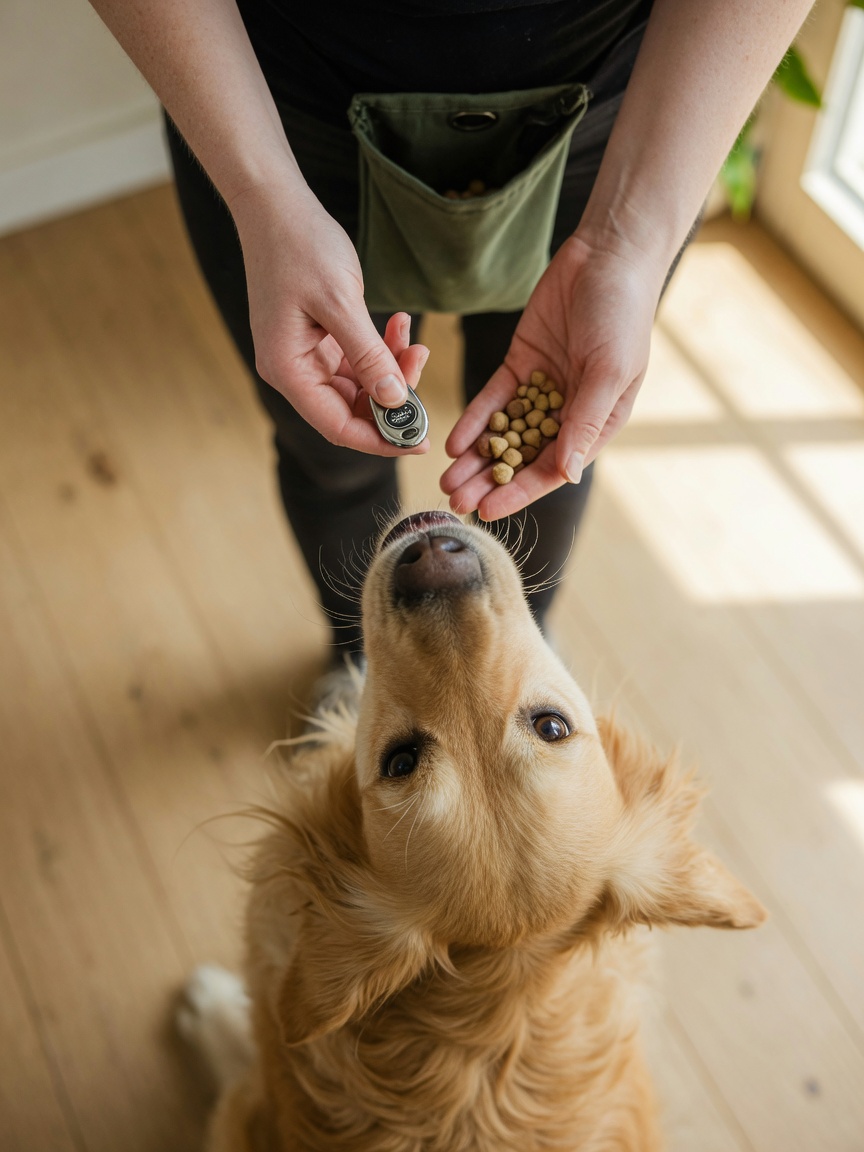 Handen van een trainer met een clicker en behandelingszak boven een aandachtige Golden Retriever tijdens ladingsfase