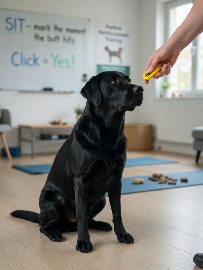Clicker van een trainer verheven op het exacte moment dat de achterkant van een zwarte Labrador de grond raakt tijdens een zitcommando