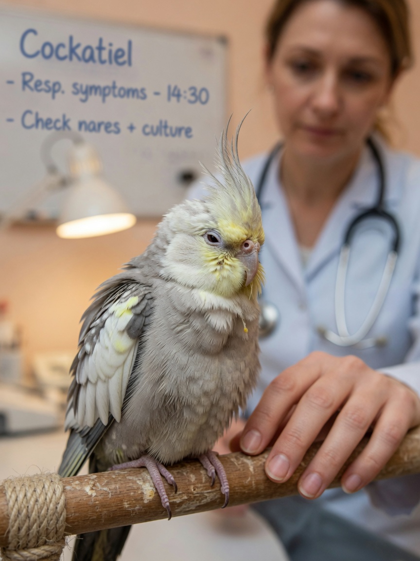 Ill cockatiel with raised crest showing signs of respiratory distress and discharge, being observed by a concerned owner and avian veterinarian
