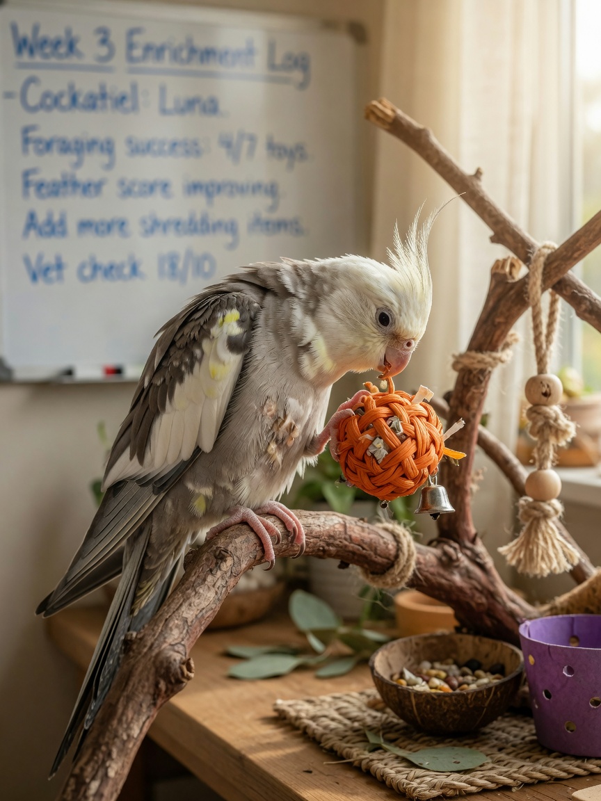 Pale grey cockatiel with visible feather plucking damage surrounded by foraging toys and enrichment perches in a home setting