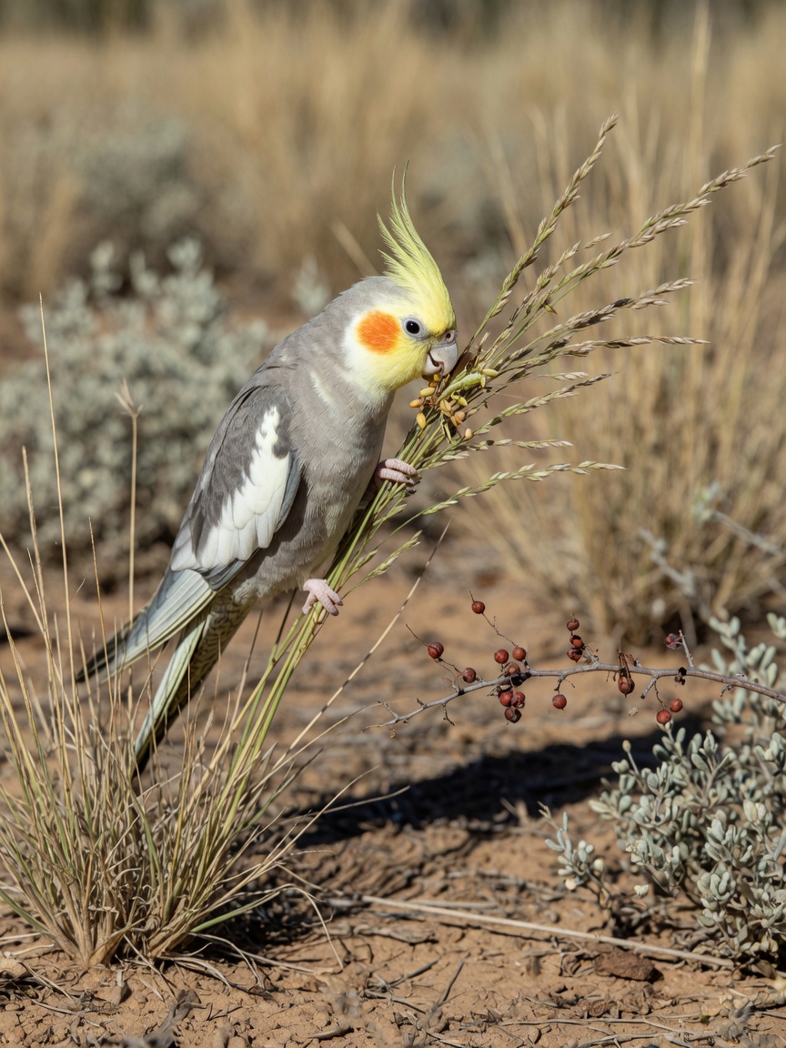 A wild cockatiel foraging on partially ripened grass seeds and native plants in an Australian arid landscape, showing natural diverse diet.
