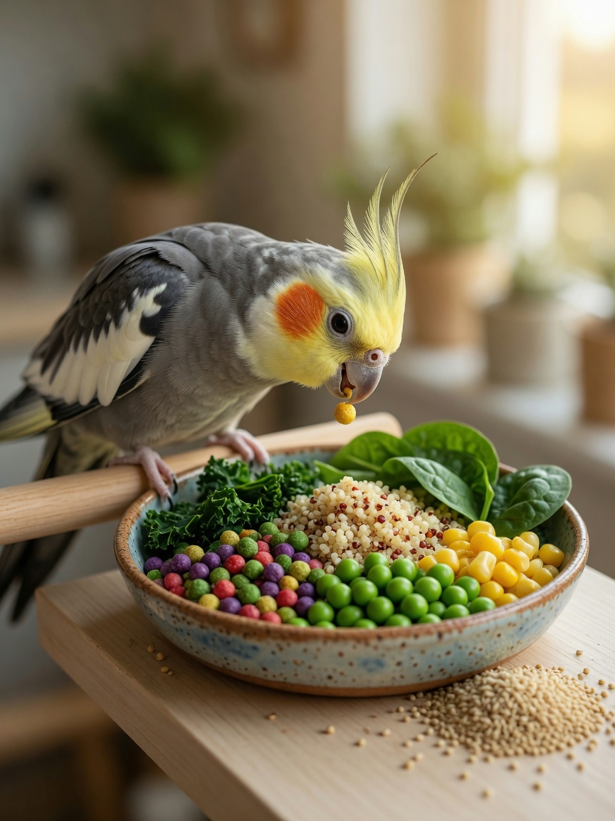 A healthy grey and white cockatiel with vibrant plumage eating from a dish of balanced diet including pellets, vegetables, grains, and limited seeds.