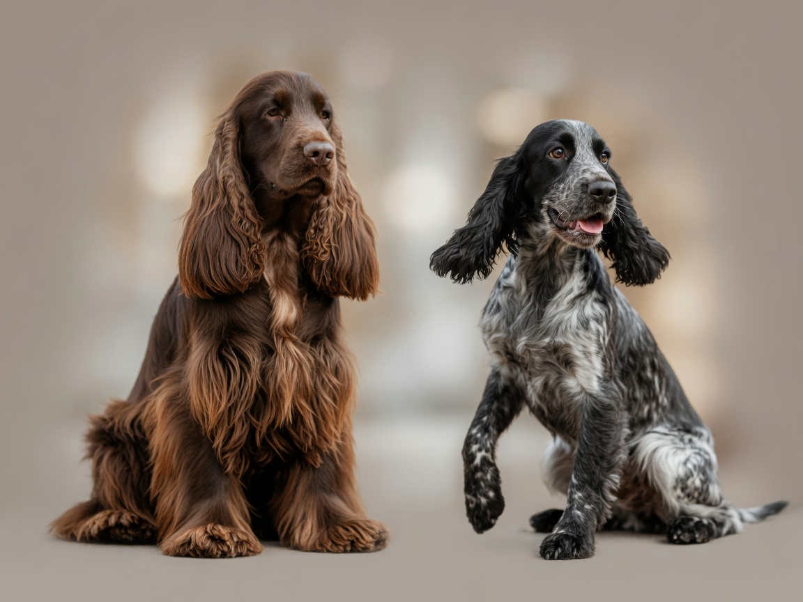 Show-type and working-type English Cocker Spaniels displaying contrasting body structure and coat differences