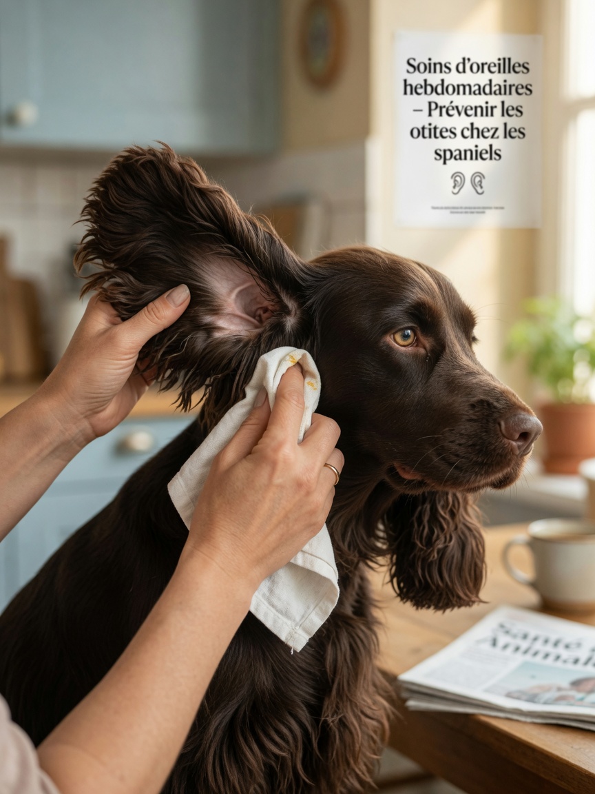 Owner performing routine ear cleaning on an English Cocker Spaniel, demonstrating preventative ear care