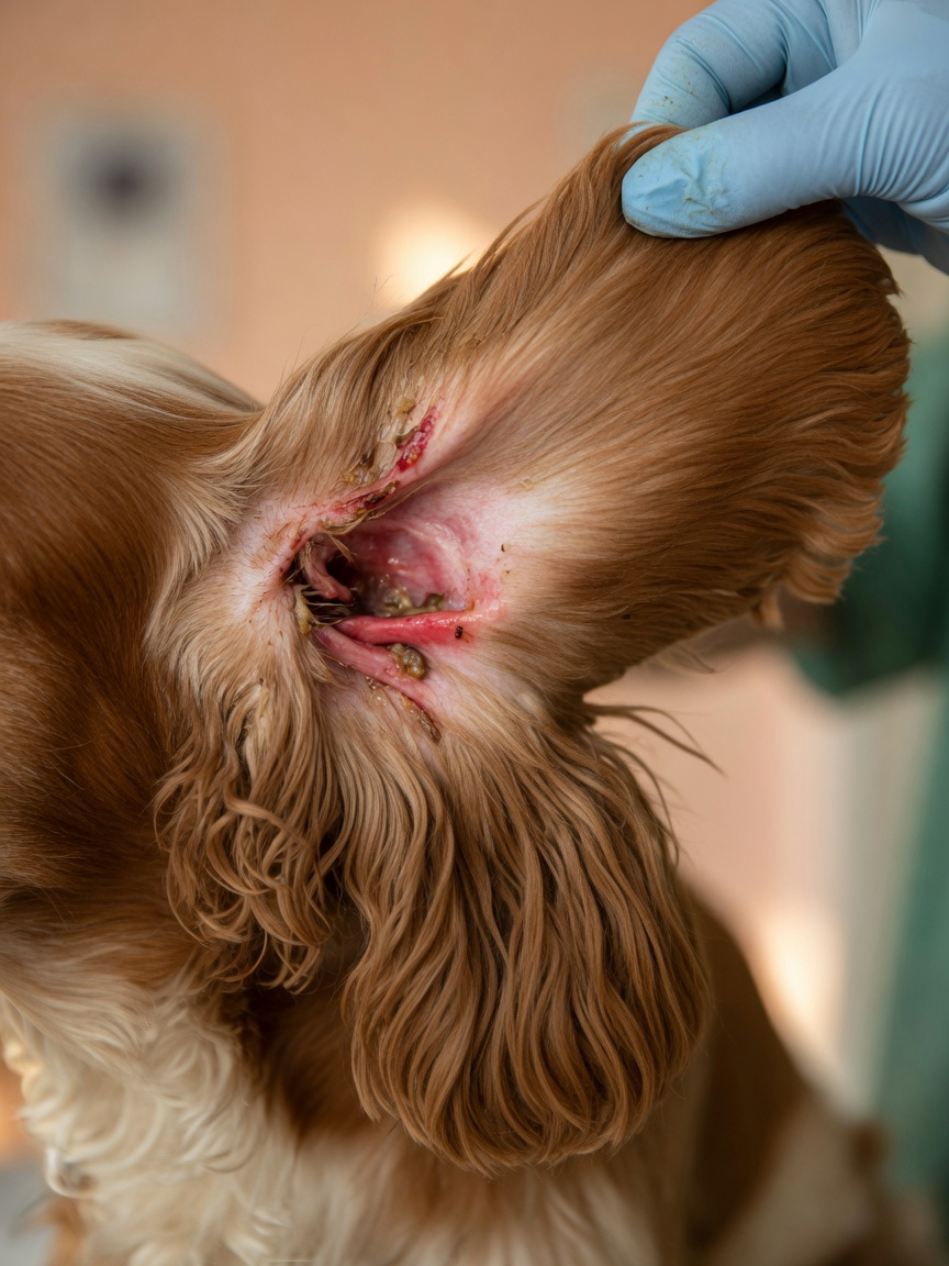 Close-up of a Cocker Spaniel's inflamed ear showing signs of otitis externa