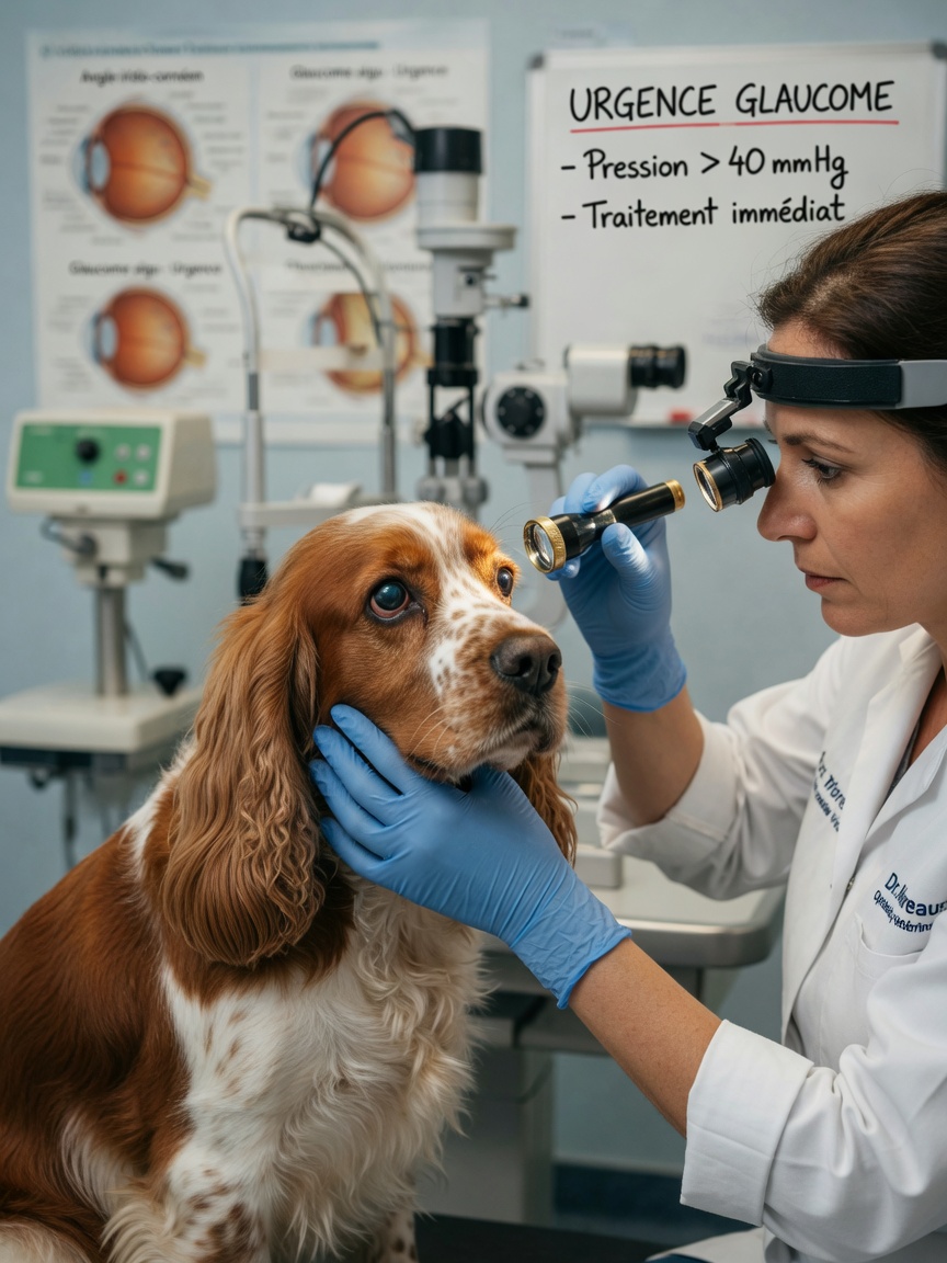 Veterinary ophthalmologist examining a Cocker Spaniel's eye with a gonioscope to screen for glaucoma
