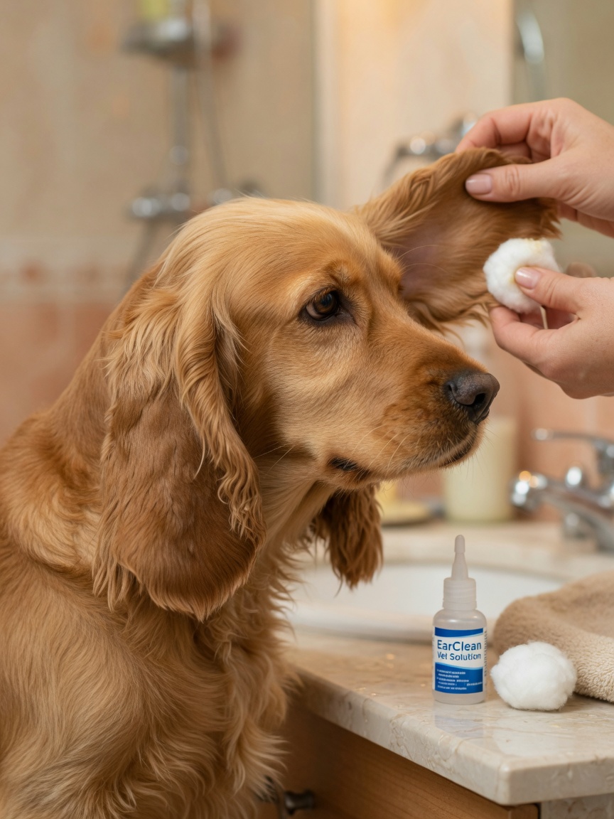 Eigenaar die het oor van een Cocker Spaniel reinigt met een wattenstaafje en ooroplossing, demonstrerende preventieve oorverzorgingsroutine