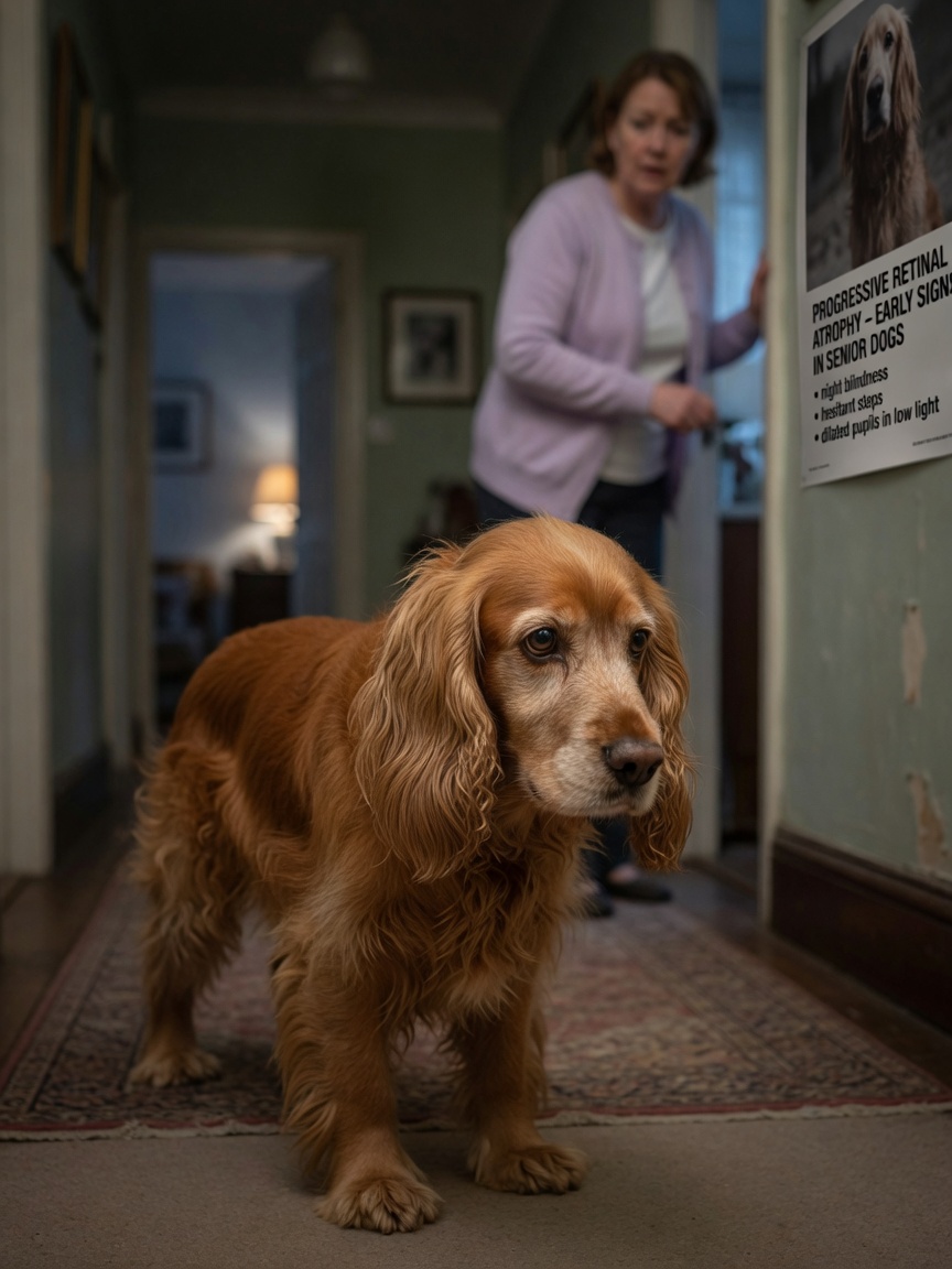 Verouderde Cocker Spaniel navigeert voorzichtig door een donkere kamer, illustrerend visieusverlies van progressive retinal atrophy