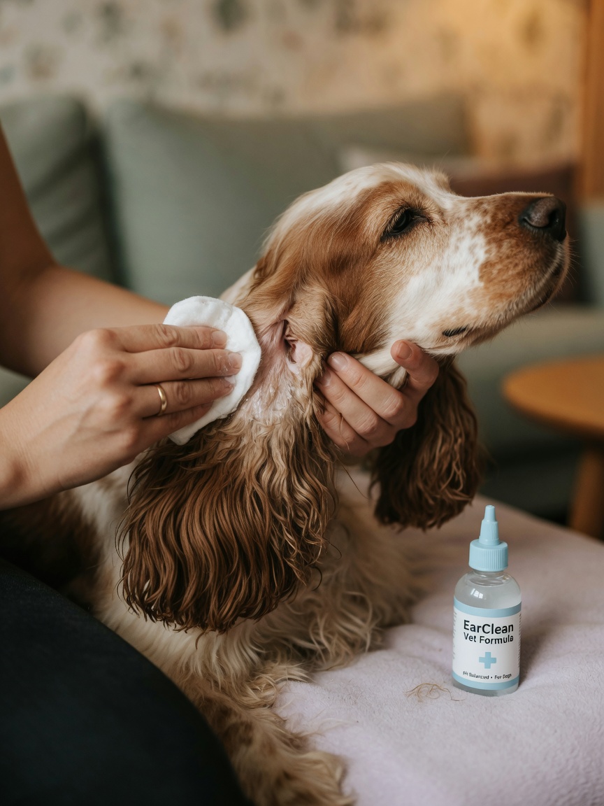 Proprietario che pulisce attentamente l'orecchio cadente di un English Cocker Spaniel con un dischetto di cotone durante la pulizia di routine