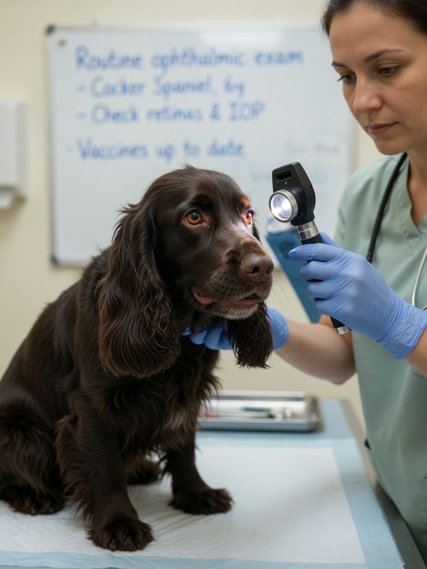 Veterinario che esegue un esame oftalmologico su un English Cocker Spaniel per lo screening dell'atrofia progressiva della retina