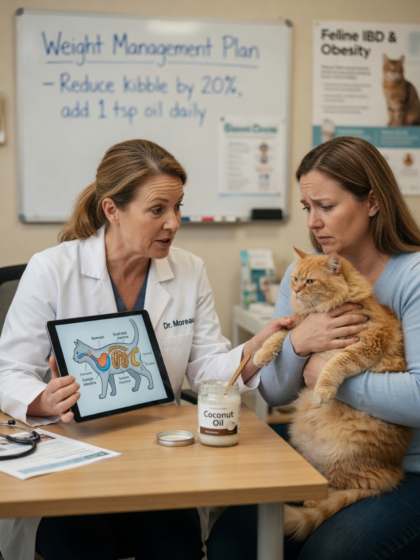 Veterinario che consulta il proprietario di un gatto sulla salute digestiva felina vicino a un barattolo di olio di cocco