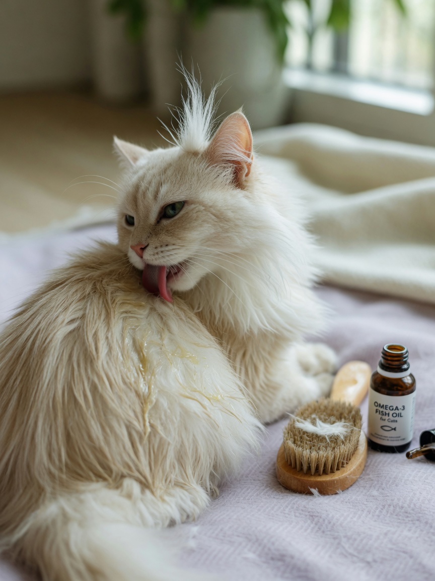 Gatto dal mantello lungo color crema che si toeletta con rivestimento di olio di cocco e integratore di olio di pesce nelle vicinanze