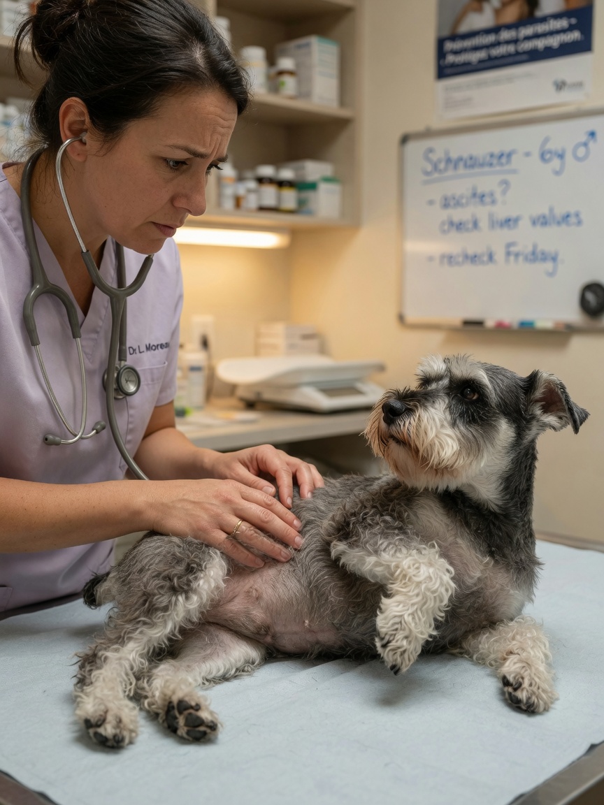 Veterinarian examining a Miniature Schnauzer with abdominal discomfort on examination table