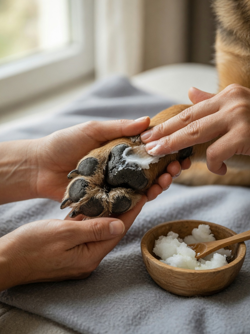 Owner's hands applying coconut oil to dog's dry paw pad