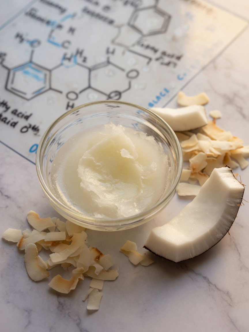 Primo piano di olio di cocco in una ciotola di vetro con polpa di cocco fresca e fiocchi su una superficie in marmo, illustrando la composizione dell'ingrediente.