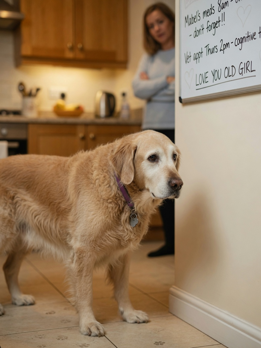 Elderly golden retriever disoriented, staring blankly at a wall corner, showing signs of cognitive dysfunction