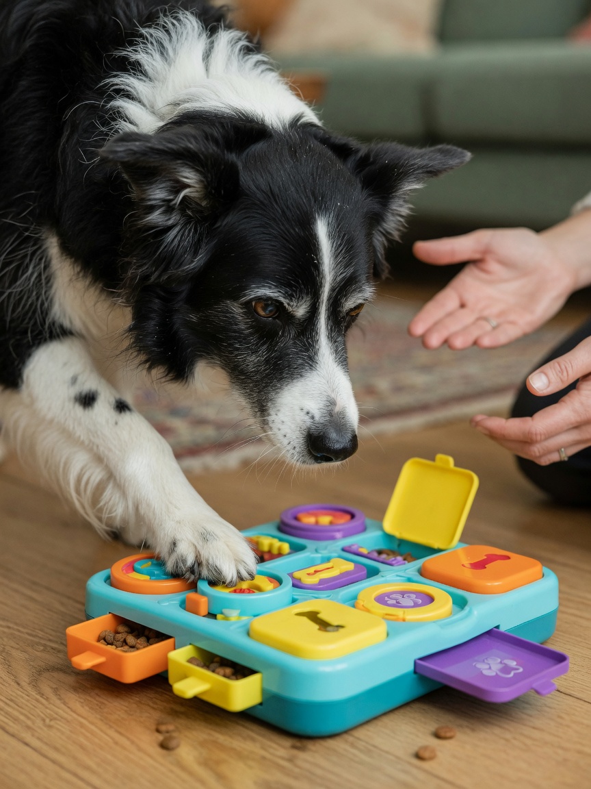 Senior border collie engaged with a puzzle feeder toy, demonstrating cognitive enrichment and mental stimulation
