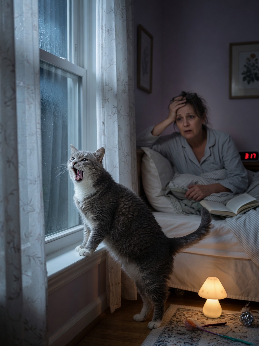 Senior cat yowling loudly at night with owner looking tired and concerned in bedroom lighting