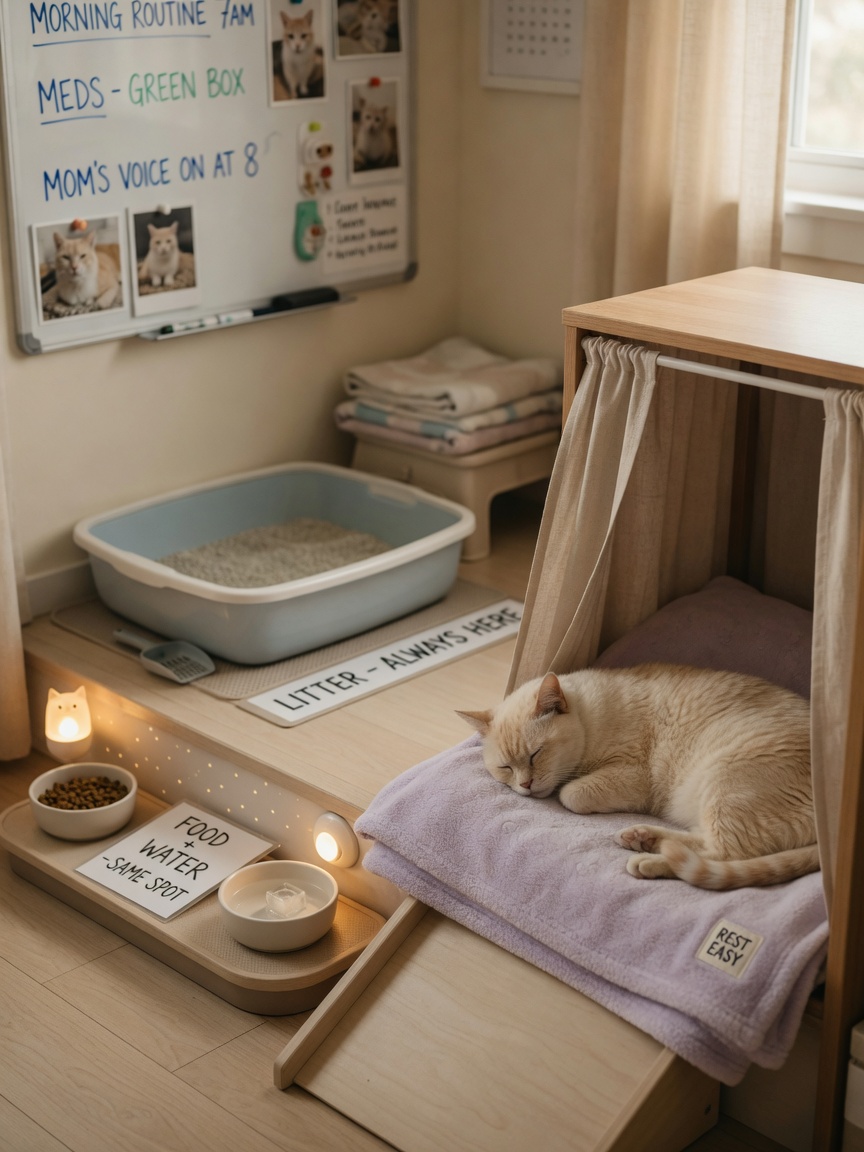 Organized senior cat living space with consistent placement of litter box, food bowls, nightlight, and enclosed sleeping nook