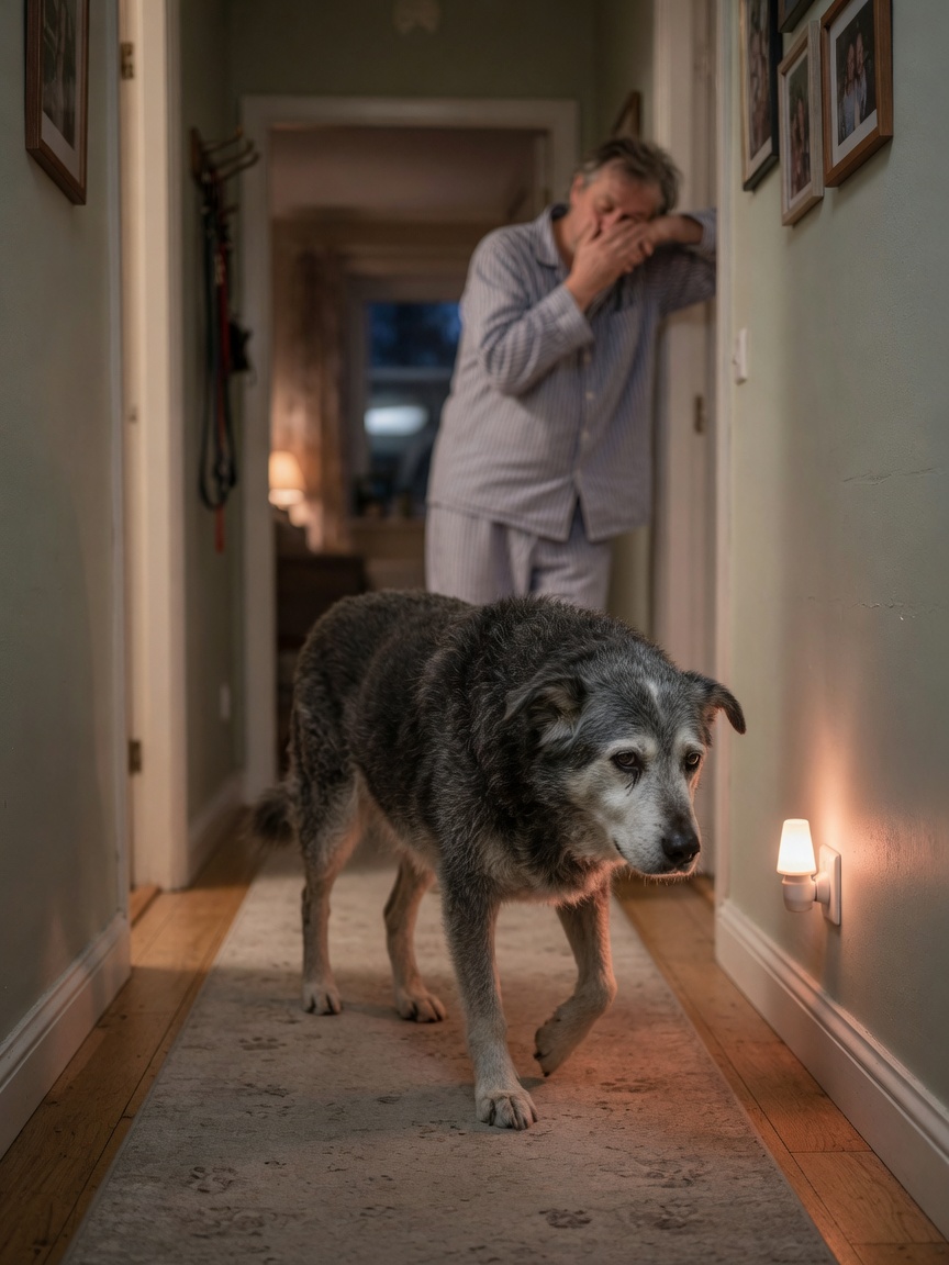 Elderly dog pacing restlessly in dim hallway at night while tired owner watches in background
