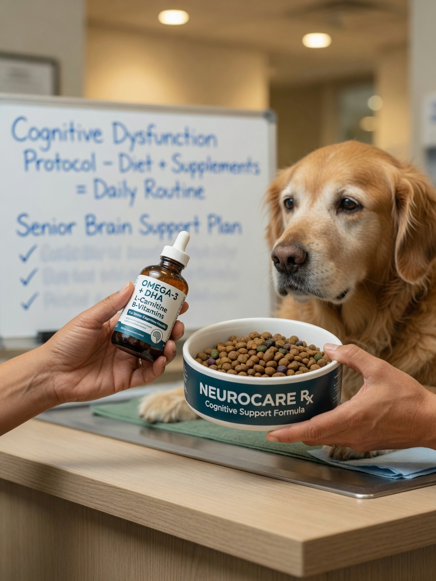 Veterinarian's hands showing brain-support diet and supplement management for cognitive dysfunction during consultation