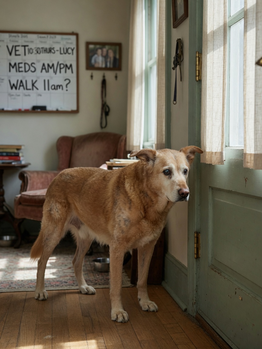 A senior dog standing at the wrong side of a door, showing spatial confusion and disorientation in a home setting.