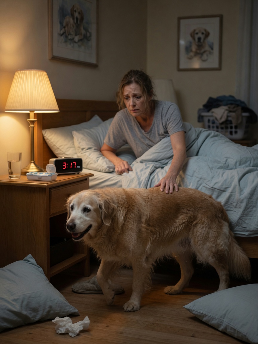An elderly dog pacing restlessly at night in a bedroom while a concerned, exhausted owner watches from bed.