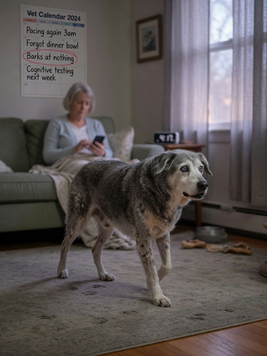 Senior dog pacing aimlessly in a living room with confused expression, showing disorientation and reduced interaction with a family member in background