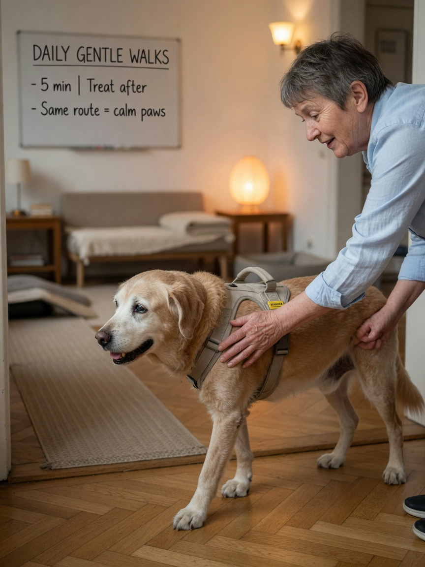 Owner's hands gently guiding elderly senior dog on a short indoor walk through a well-organized home with night light visible in background
