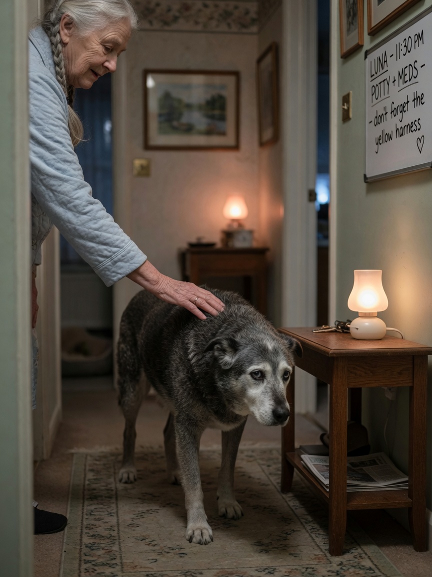 Senior dog owner guiding elderly dog through home corridor at night with nightlight visible on wall, showing disorientation and care