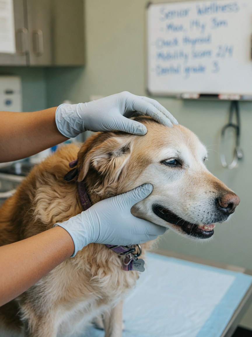 Veterinarian examining elderly dog on examination table during clinical assessment for cognitive dysfunction