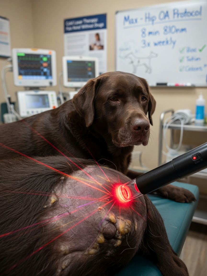 Close-up of cold laser therapy probe applied to a Chocolate Labrador's skin during treatment session