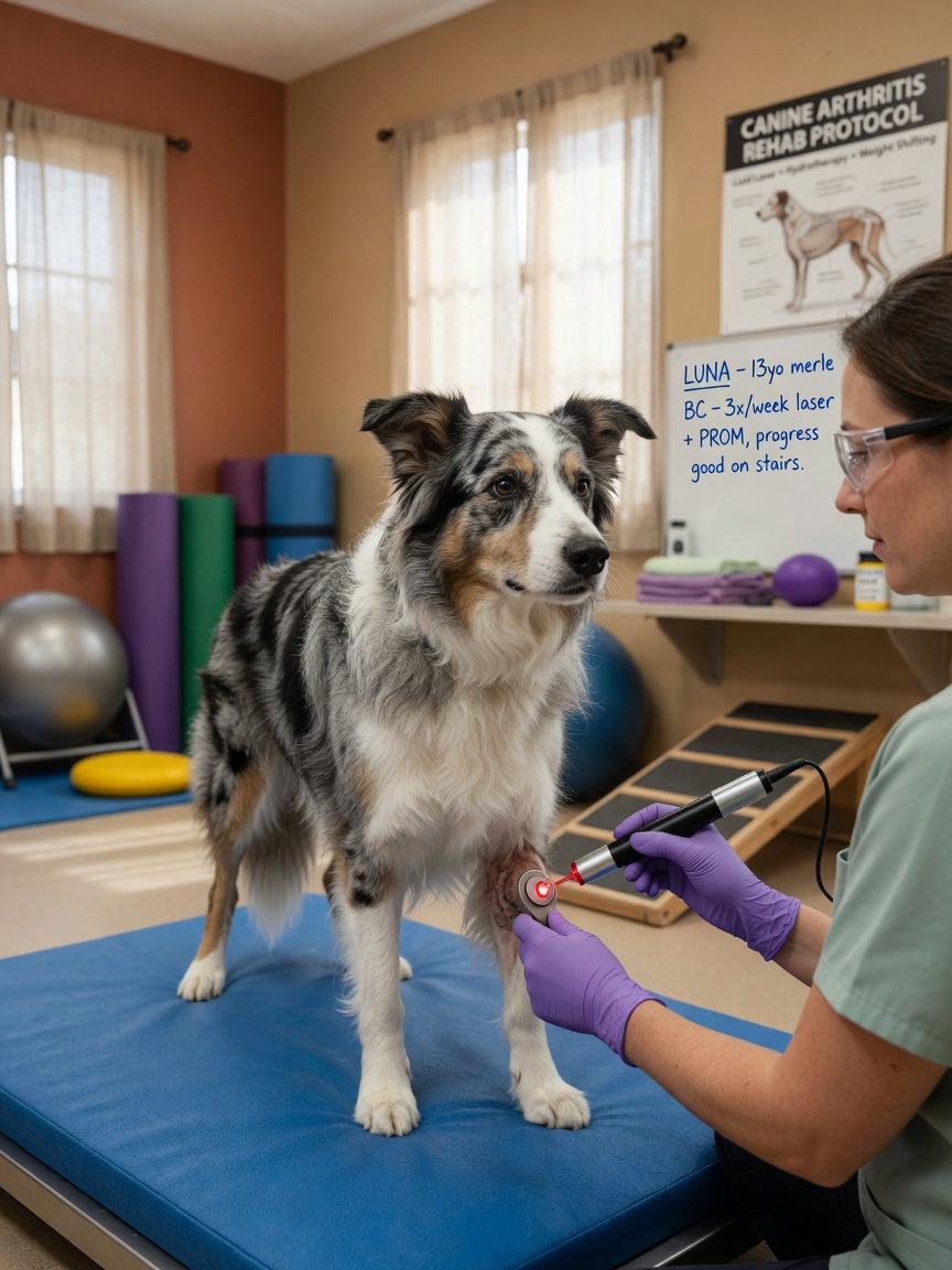Veterinary therapist using cold laser on an older Border Collie's knee during rehabilitation treatment