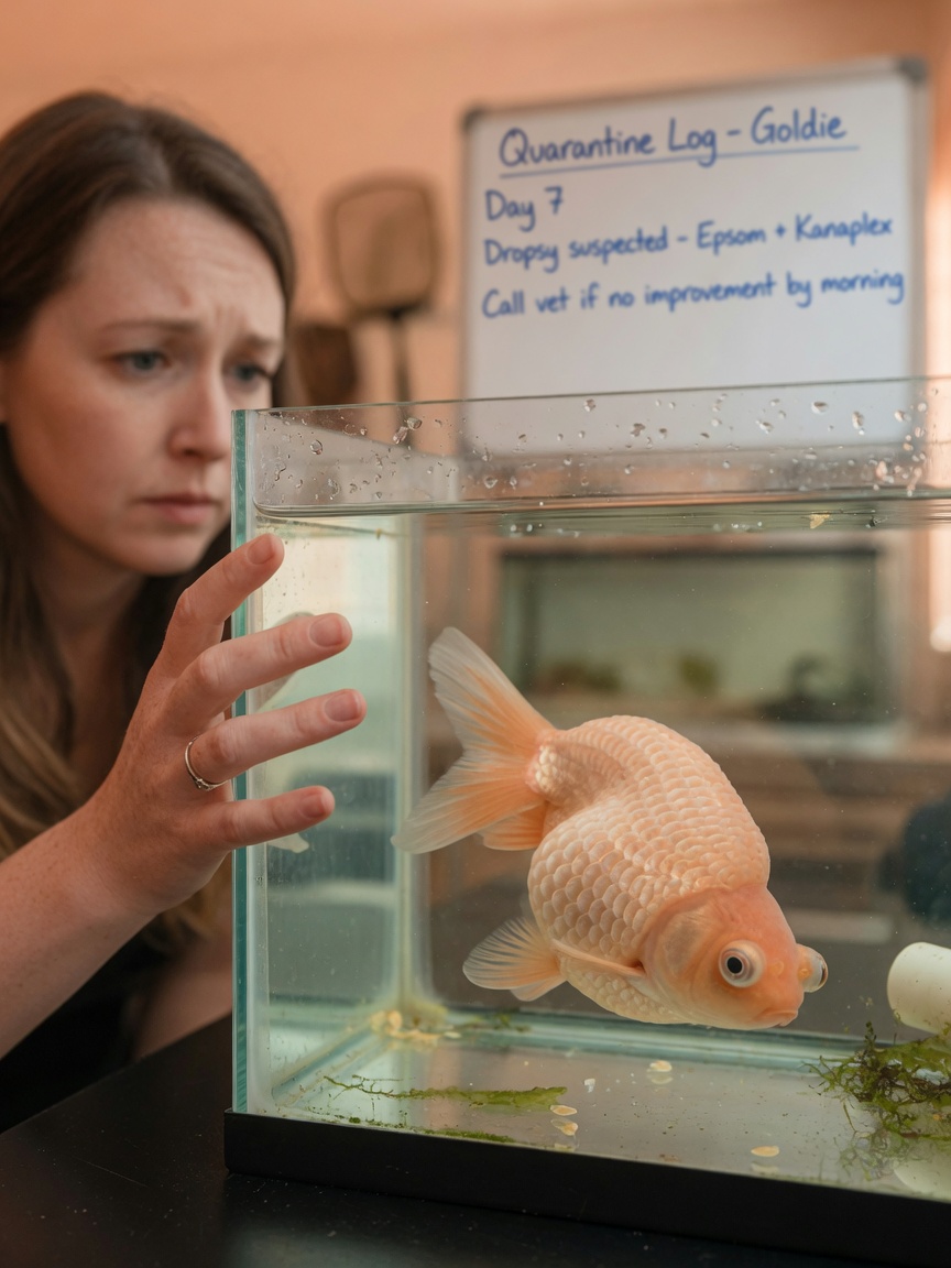 A goldfish with severe dropsy showing extreme abdominal swelling and protruding scales in a quarantine tank