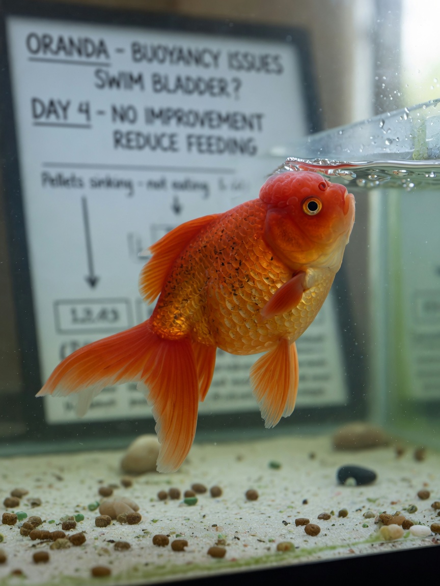 A fancy goldfish with a rounded body shape swimming at an abnormal tilt due to swim bladder disorder