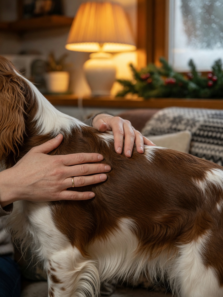Owner performing a weekly coat and skin check on their dog during winter health assessment