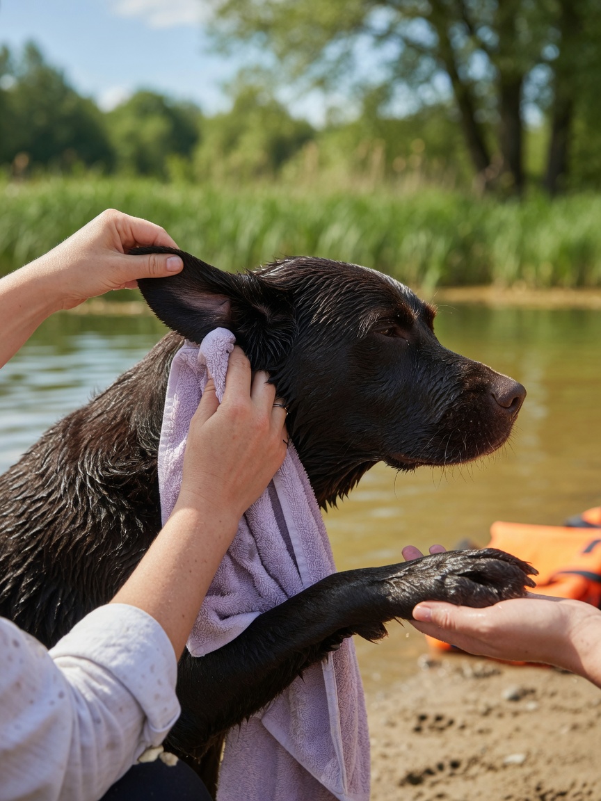 Owner drying their wet dog's ears with a towel after swimming to prevent summer ear infections