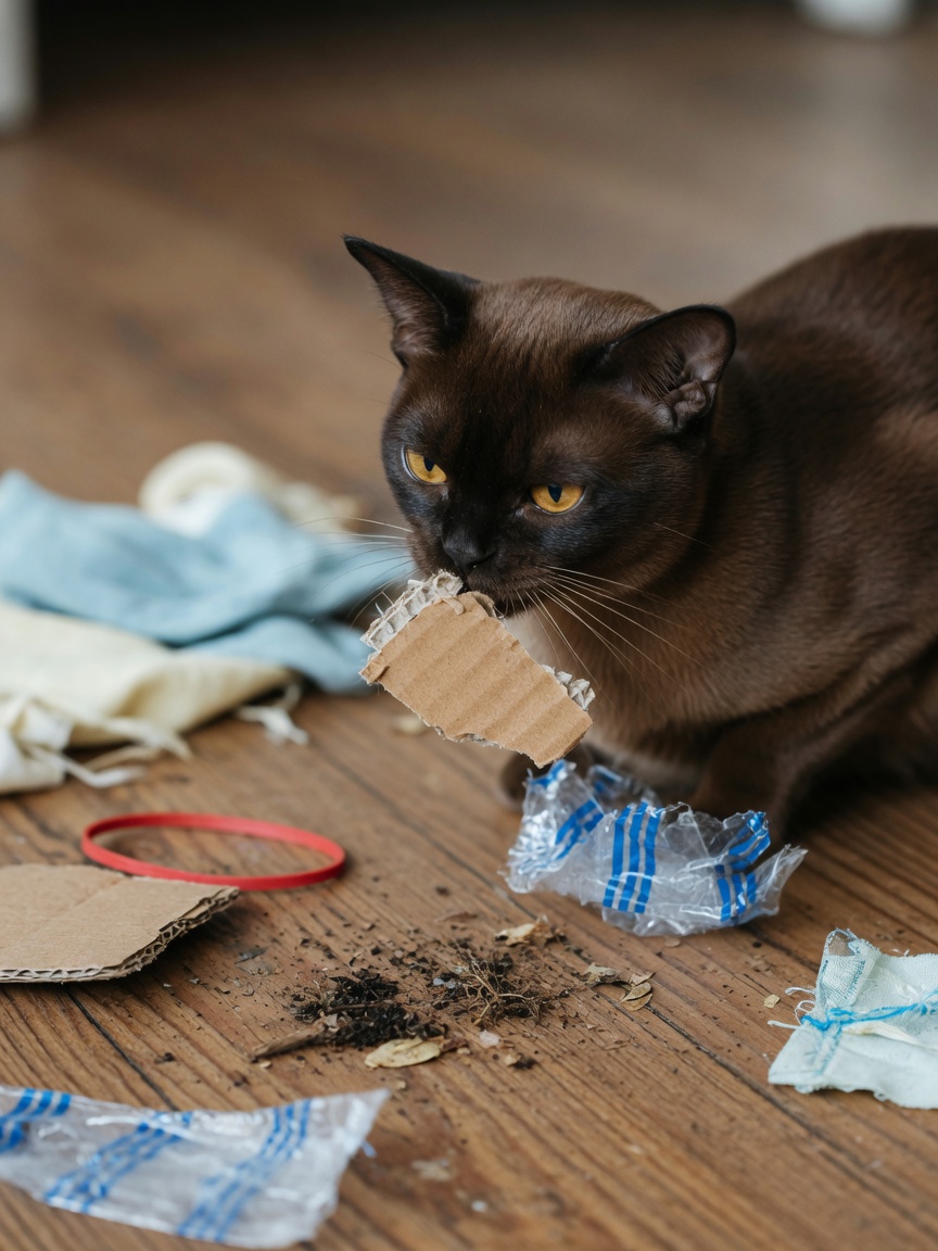 Un gato Birmano de color sable cerca de artículos dispersos no alimentarios incluyendo plástico, goma, cartón y retazos de tela en un piso de madera