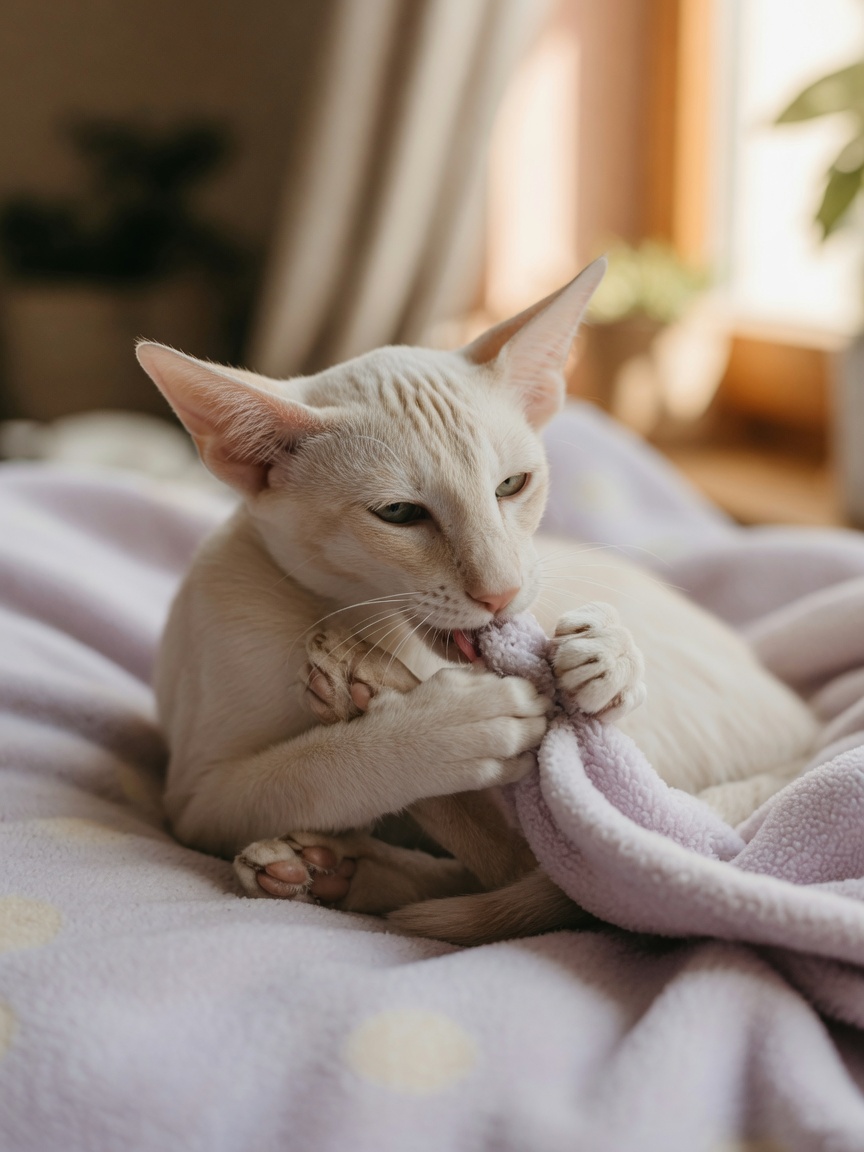 Un gato Oriental de color crema succionando y mordiendo cómodamente una manta de lana suave en un entorno acogedor e iluminado