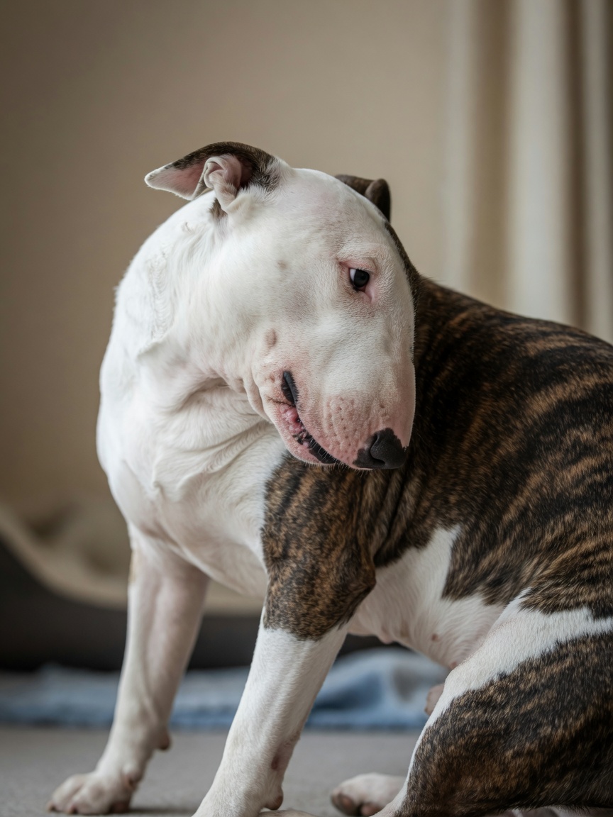 Bull Terrier displaying compulsive flank sucking behaviour with visible distress