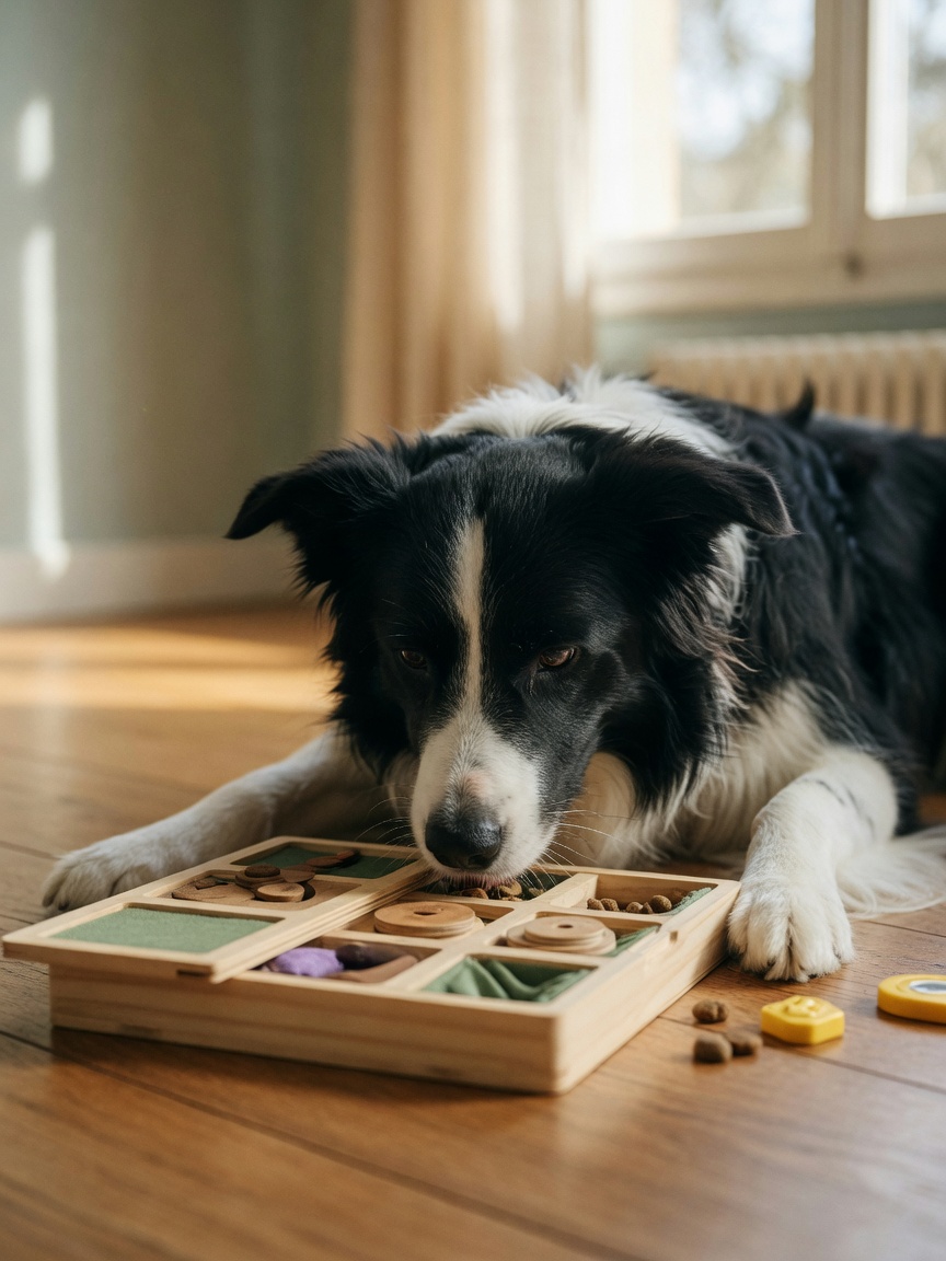 Border Collie engaging with a scent work puzzle toy as a positive behavioural outlet