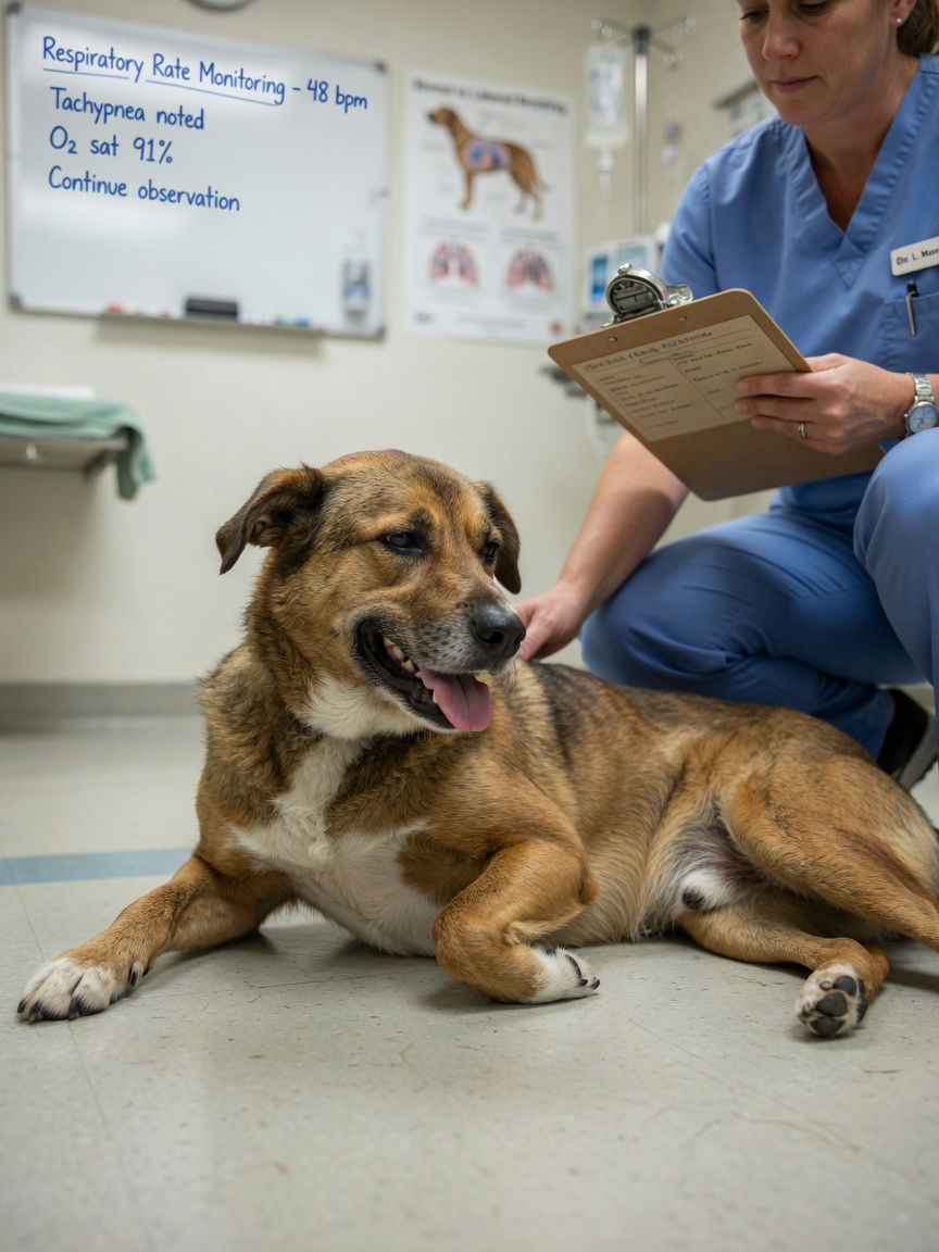 Dog experiencing labored breathing with veterinarian monitoring respiratory distress in clinic setting