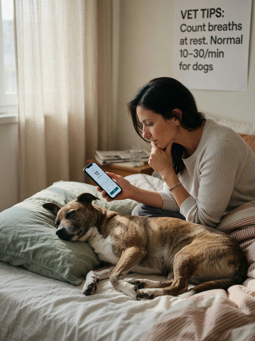 Owner monitoring resting dog's breathing rate at home using smartphone app for cardiac health tracking