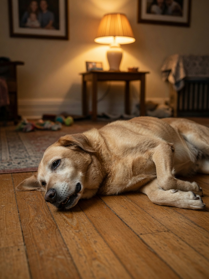 Dog with visible laboured breathing and restless body language on home floor, showing respiratory distress